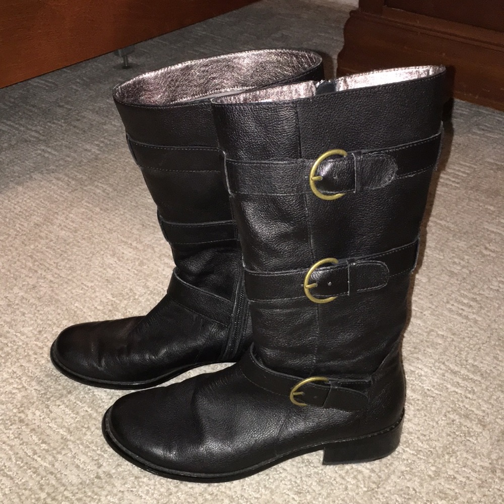 Star City Black Leather Mid-Calf Combat Moto Boots with Buckles